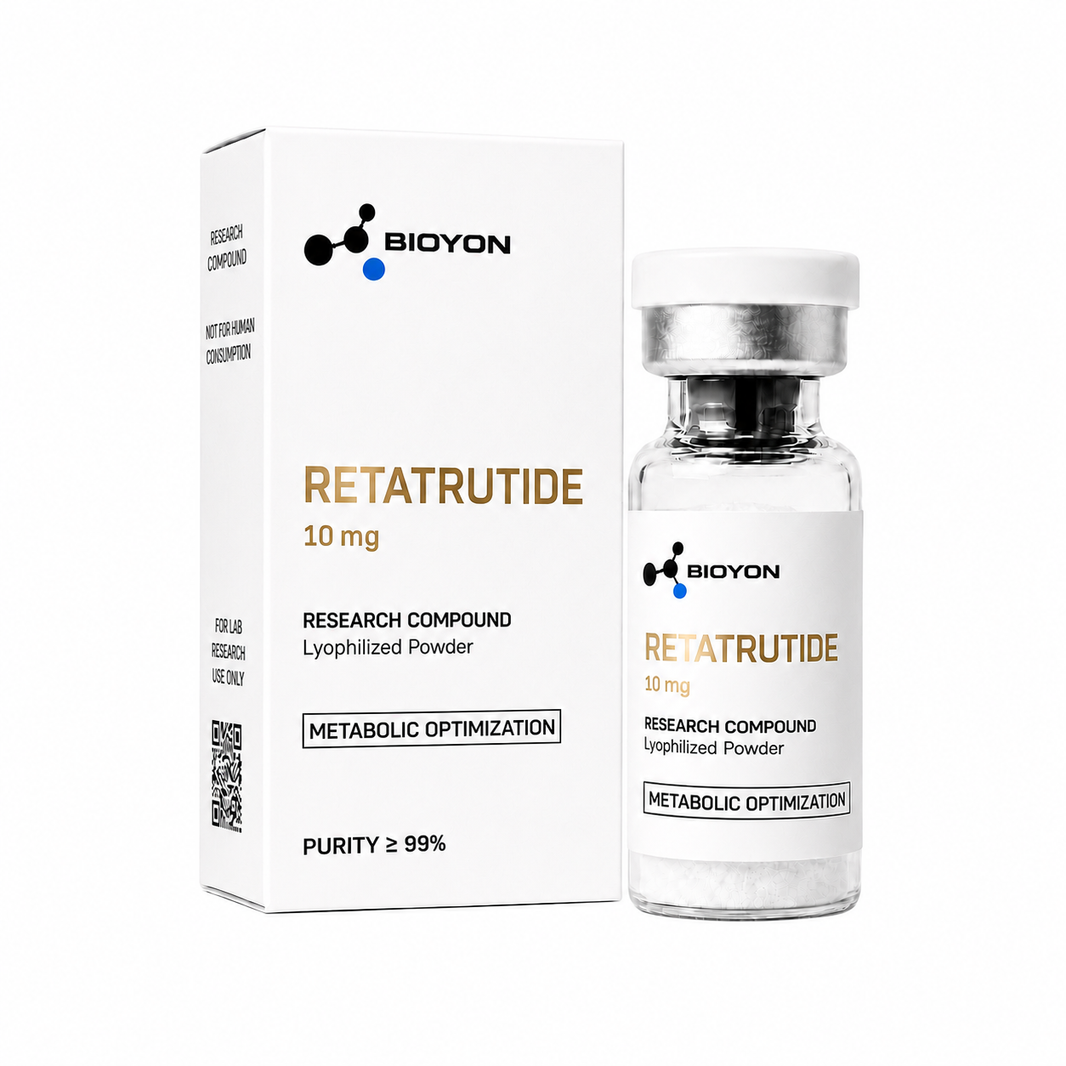 BIOYON Retatrutide – Flasche und Verpackung auf reinweißem Hintergrund