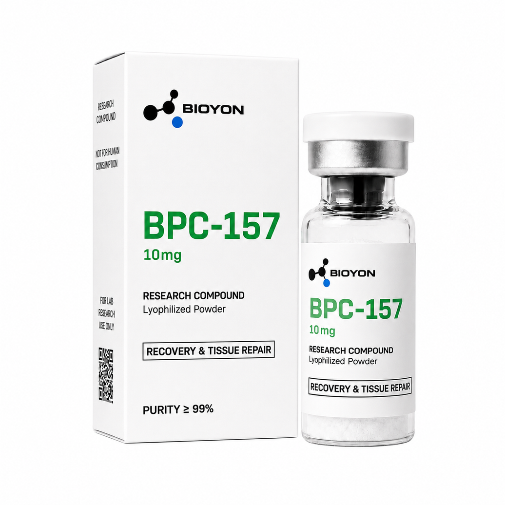 BIOYON BPC-157 – Flasche und Verpackung auf reinweißem Hintergrund