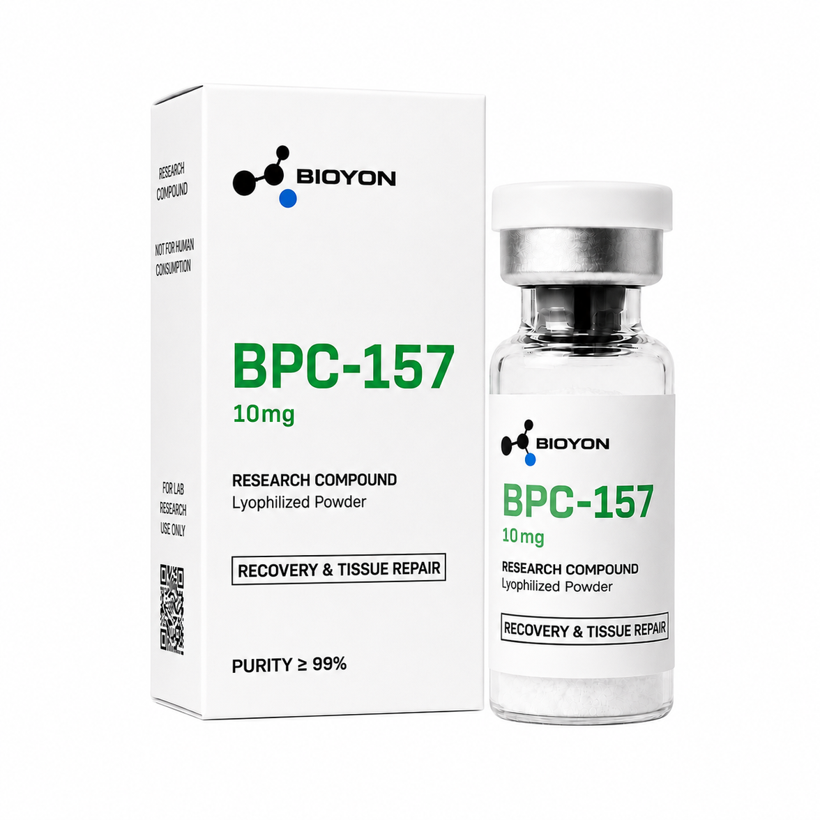 BIOYON BPC-157 – Flasche und Verpackung auf reinweißem Hintergrund