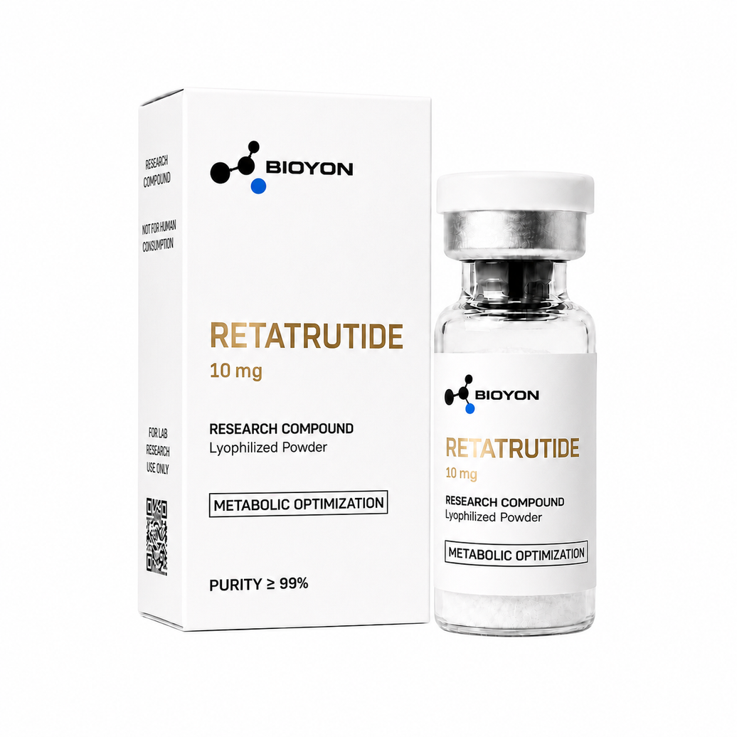 BIOYON Retatrutide – Flasche und Verpackung auf reinweißem Hintergrund