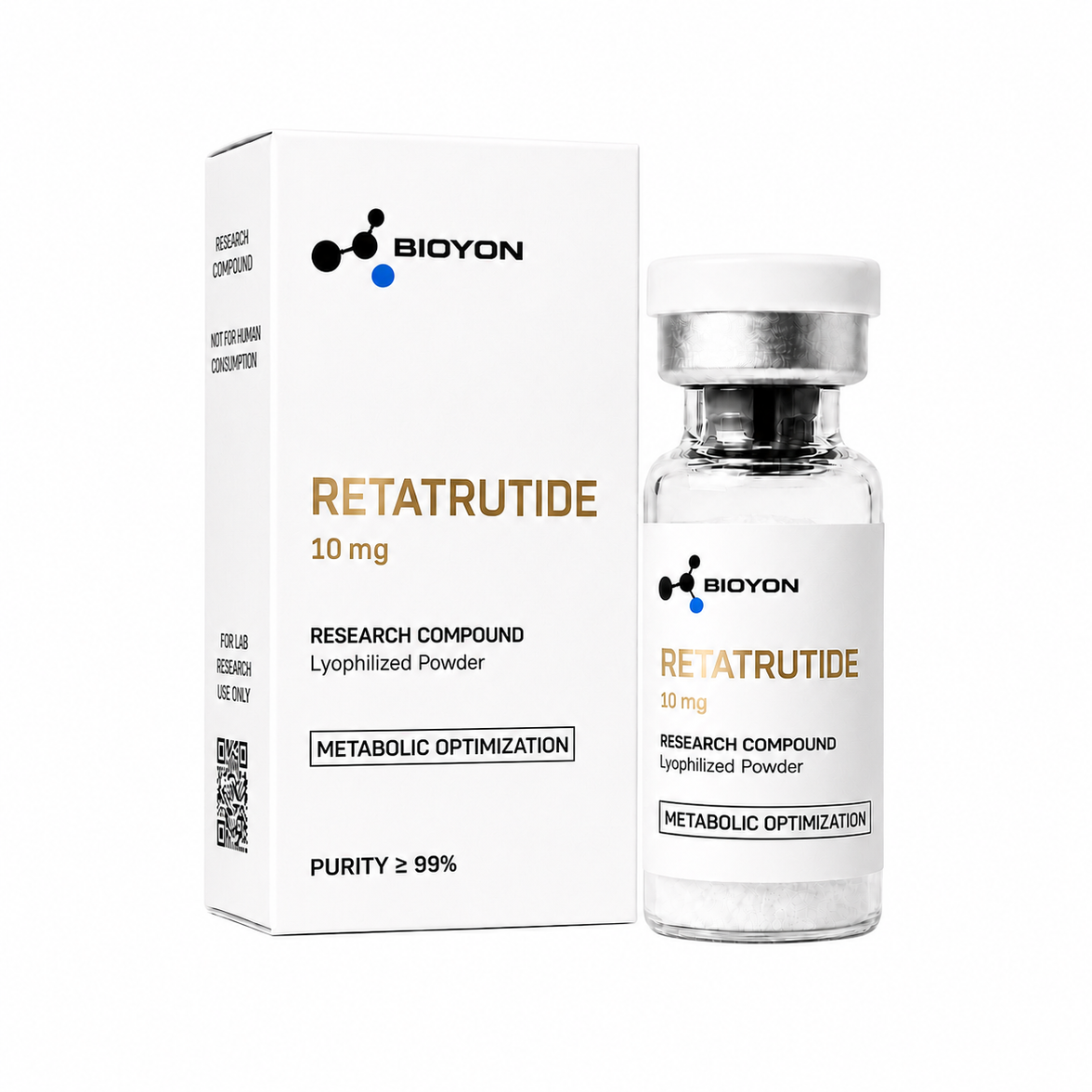 BIOYON Retatrutide – Flasche und Verpackung auf reinweißem Hintergrund