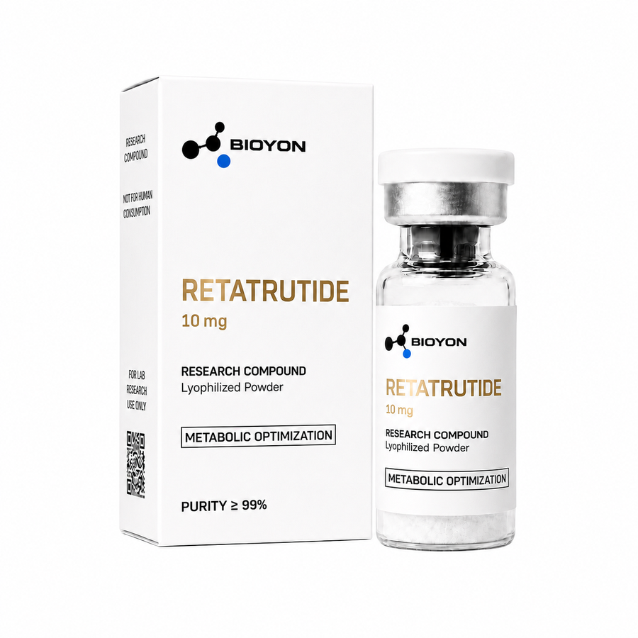 BIOYON Retatrutide – Flasche und Verpackung auf reinweißem Hintergrund