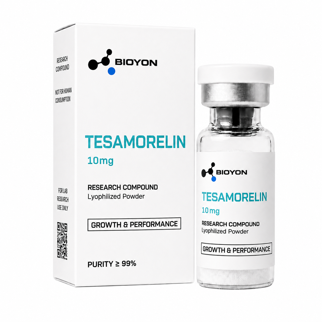 BIOYON Tesamorelin – Flasche und Verpackung auf reinweißem Hintergrund