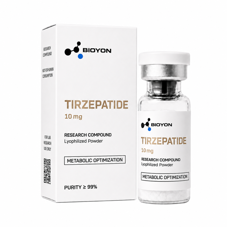 BIOYON Tirzepatide – Flasche und Verpackung auf reinweißem Hintergrund