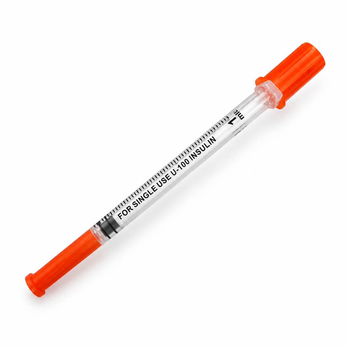 Insulin syringe with orange protective caps, diagonal view