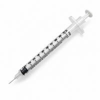 Insulin syringe without protective caps, diagonal view