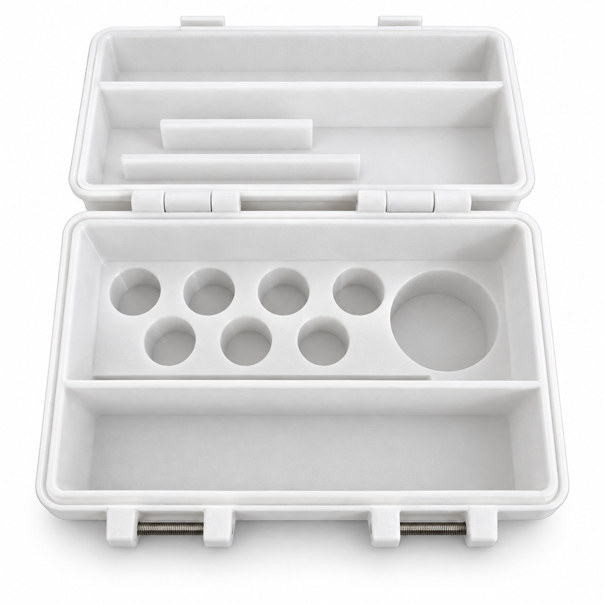 Peptide Storage Box - L, geöffnet mit Vial-Halterungen und Zubehörfach