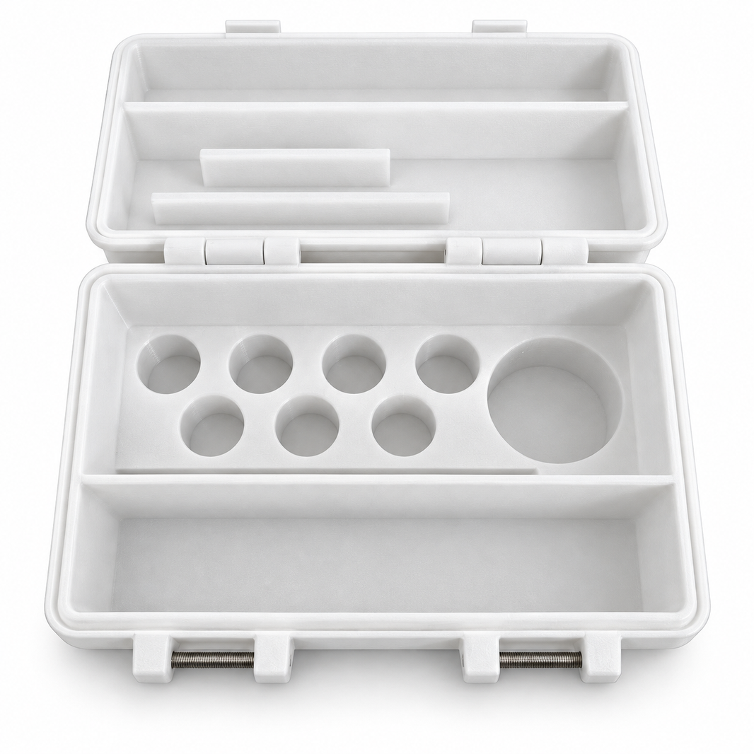 Peptide Storage Box - L, geöffnet mit Vial-Halterungen und Zubehörfach